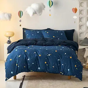 Wake In Cloud - Space Bedding Set for Boys, Star Outer Space Galaxy Patterned Soft Lightweight Comforter Set with Sheets, 5 Pieces Kids Bed in a Bag, Navy Blue, Twin Size