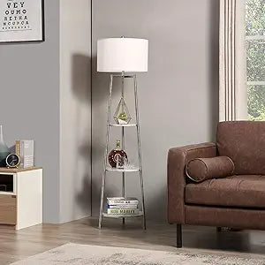 ROSEN GARDEN Floor Lamp, Standing Reading Light with Faux Marble Shelves and Fabric Shade, Modern Tall Pole Lamp, Accent Furniture Dcor Lighting for Living Room, Bedrooms
