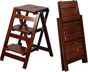 3-Step Ladder Stool, Wooden Folding Step Stool for Home & Kitchen, Solid Pine with Non-Slip Steps & Anti-Scratch Shoe Covers, 337lb Weight Capacity, Space-Saving, No Assembly Required (Walnut)