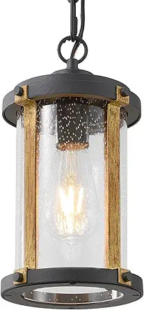 LOUSACE Farmhouse Outdoor Pendant Light for Porch, 1-Light Outdoor Chandelier Matte Black Aluminum with Clear Seeded Glass & Wood Grain, Exterior Hanging Pendant Porch Light Fixtures for Entrance, ETL