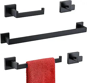 TURS Black Bathroom Towel Bar Set Square 5 Pieces Bathroom Hardware Set Matte Black Towel Holder Set Wall Mounted,SUS304 Stainless Steel, 23.6 Inch