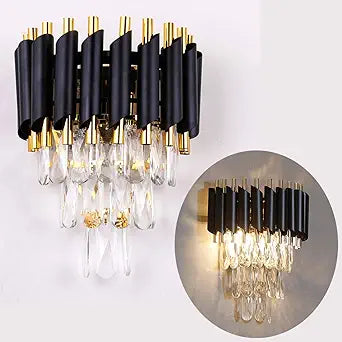 FRIXCHUR Modern Crystal Wall Sconce Lighting Black Crystal Wall Light Fixture Bedside Light 3 Tiers Crystal Wall Lamp for Bedroom Bathroom Dinning Living Room Hallway 2X E12 Base