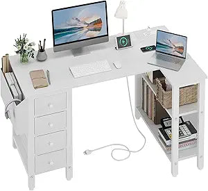Lufeiya White L Shaped Computer Desk with Drawers & Storage Shelves, 47 Inch Corner Reversible Desk with Power Outlet for Home Office Bedroom, L-Shaped Teen PC Desks with Fabric Drawer, White