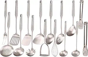 18/10 Stainless Steel Cooking Utensils Set - 16 PCS All Metal Small & Large Kitchen Spoons, Serving Utensils - Whisk, Masher, Fork, Tongs, Solid/Slotted Spoon, Spatula, Turner, Ladle, Skimmer, Pasta