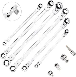 BULLTOOLS 6-Piece Flex-Head Extra Long Ratcheting Wrenches Double Box End Chrome Vanadium Steel 72-Tooth Wrench Set with Metric 8mm - 19mm