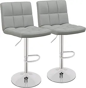 COSTWAY Bar Stools Set of 2, Modern Swivel Adjustable Height PU Leather Barstools with Back, Square Armless Counter Height 2-Pack Bar Chair for Kitchen Island Dining Living Bistro Pub Counter, Grey