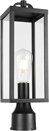 Outdoor Post Light Fixture, 16 Inch Tall Modern Exterior Square Pillar Lantern with Clear Glass, Transitional Black Pier Mount Lamp, Contemporary Pole Light for Garden, Backyard, Patio, Pathway