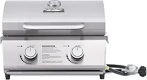 Monument Grills Tabletop Propane Gas Grill for Outdoor Portable Camping Cooking with Travel Locks, Stainless Steel High Lid, and Built in Thermometer