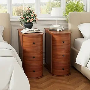 Mid-Century Modern Nightstand Set of 2, Wood Night Stand with 3 Storage Drawers, Curved Bedside Table for Small Spaces, Bedroom, Living Room, Walnut