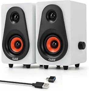 White Computer Speakers, White Wooden Desktop Speakers with Dual Diaphragms,12W USB High-Fidelity Stereo for PC, Laptop, Monitor, Tablet USB Powered with Built-in Audio Output