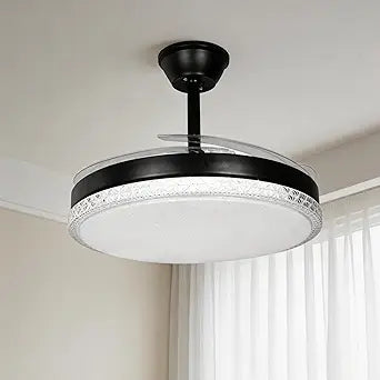 42" Retractable Ceiling Fan with Lights and Remote, Dimmable Fandelier, 6-Speed Reversible Motor, 3 Color Temperature, Modern Invisible Blade Ceiling Fan for Bedroom Living Room, Black