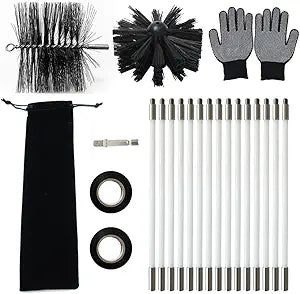 Wire Chimney Cleaning Brush with 5/16" Fitting and 15 Rods, 6 Inch Round Steel Chimney Cleaning Brush, 6 Inch Nylon Brush,16 Inch Long Rods for Fireplace Duct Or Other Streight Duct