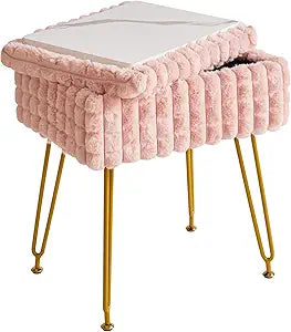 IBUYKE Rectangle Vanity Chair with Storage Space, Footrest Footstool Ottoman, Vanity Stool, Dressing Table Chair, with Anti-Slip Feet, for Makeup Room, Bedroom, Square Grid Pattern, Pink WBD004P