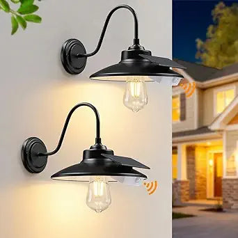 Solar Barn Lights Outdoor 2-Pack, Anti-Rust Farmhouse Solar Gooseneck Porch Lights Wall Mount, Waterproof Motion Sensor Black Outdoor Lighting for Barn Shed Garage Chicken Coop, Bulb Included
