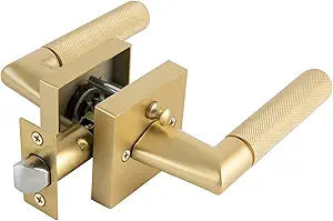 Bak Bo Interior Privacy Door Handle with Lock, Indoor Knurled Heavy Duty Gold Door Lever Satin Brass Finish, Reversible Keyless Left Right Handed Square Turn Lockset for Bedroom & Bathroom 2 Pack