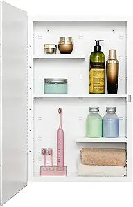 Fundin White Medicine Cabinet Recessed or Surface Mount, Bathroom Medicine Cabinet with 16 x 26 Beveled Mirror and Adjustable Staggered Shelves