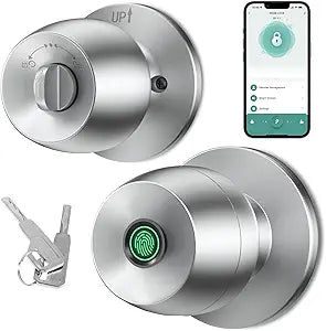 Fingerprint door knob, smart door knob, intelligent biometric fingerprint door lock, keyless entry, controllable via app, suitable for bedrooms, storage rooms, apartments, offices, hotels (silver)
