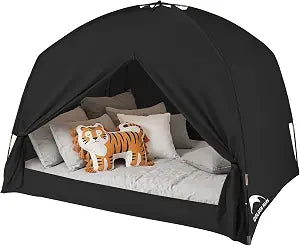 Bed Tents for Kids and Adult, Portable 100% Breathable and 93% Blackout Toddler Dream Play Tent, 3 Doors Big Privacy Space Sleeping Canopy for Floor or Twin Full Queen Sizes Bed (Black, Twin-Size)