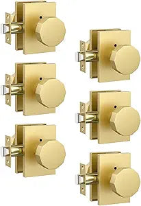 Asidrama 6 Pack Privacy Gold Door Knob with Lock, Brush Gold Door Knobs Interior for Bedroom or Bathroom, Heavy Duty Door Handle for Left Right Sided Doors