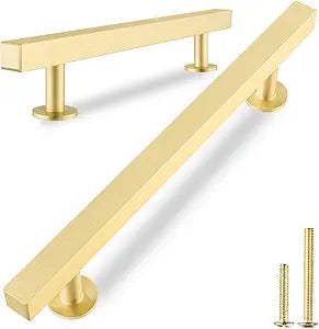 QOGRISUN 5-Pack Solid Brass Cabinet Pulls 3-3/4 Inch Hole Center, Heavy Duty Brushed Brass Cabinet Hardware, Modern Square Drawer Handles for Kitchen Dresser, Anti-Tarnish, 5-7/8 Inch Overall Length
