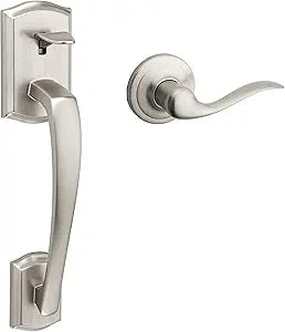 Kwikset Prescott Front Door Handle No Lock, Entry Handleset Exterior with Interior Reversible Handed Lever, Non-Locking, Satin Nickel, Deadbolt Not Included, with Microban Protection