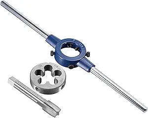 uxcell 5/8-24 UNEF Tap and Die Set with 38mm Round Die Stock Handle Wrench, High Speed Steel Machine Thread Tap and Round Die Threading Tool