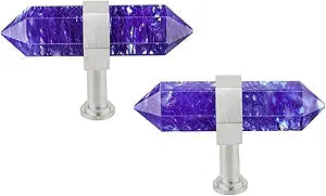 SUNYIK Pack of 2 Blue Smelting Quartz Crystal Point Drawer Knobs with Screws, Hexagonal Double Point Stone Pull Handles for Cabinet Dresser Home Furniture Decor, Stainless Steel Handle