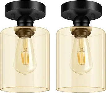Boostarea Semi Flush Mount Ceiling Light,2 Pack Industrial Hanging Ceiling Pendant Lamp With Glass Shade, Farmhouse Light Fixture for Porch Hallway Corridor Kitchen Bathroom Bedroom, Bulb Not Included