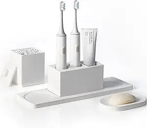 Ceramic Toothbrush Holders for Bathrooms, White Bathroom Accessories Diatomite, Electric Toothbrush Holder Countertop with Toothbrush Holders, Soap Dish Set