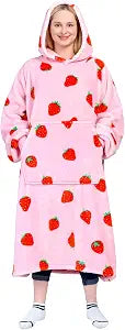 Waitu Wearable Blanket Sweatshirt Gifts for Women and Men, Warm and Cozy Giant Blanket Hoodie, Thick Flannel Blanket with Sleeves and Giant Pocket - Strawberry Pink