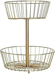 Gourmet Basics by Mikasa Geneva 2-Tier Countertop Fruit Basket Gold-Finish Metal Storage Stand for Kitchen Countertop Organization, Produce Display