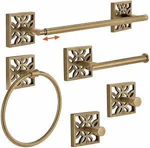 Autumn Alley 5-Piece Bathroom Hardware Set Antique Gold (Muted Finish Not Shiny), Wall Mounted Towel Bar, Towel Ring, Toilet Paper Holder & Robe Hooks, Bathroom Accessories Set Complete