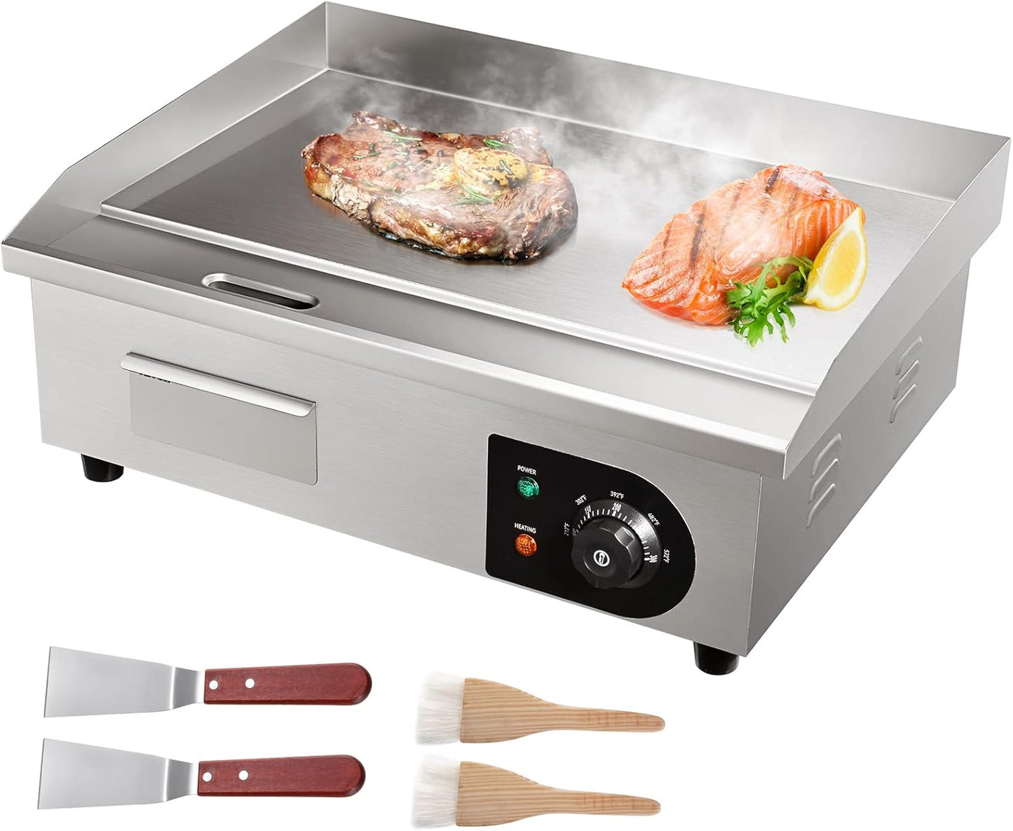 VEVOR Commercial Electric Griddle, 22', 1600W Countertop Flat Top Griddle, Stainless Steel Teppanyaki Grill w\/Iron Cooking Plate, 122-572 Adjustable Temp Control 2 Shovels & Brushes, 110V