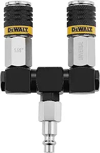 DEWALT 2-Way 360 Swivel Air Hose Splitter: Universal Couplers with Industrial Plug, 300 PSI