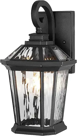 JYZ 18" Outdoor Wall Light Lantern, Anti-Rust Exterior Wall Sconce with Hammered Water Ripple Glass, Waterproof Matte Black Outside Lighting Fixture for Front Door Porch Garage E26 Base