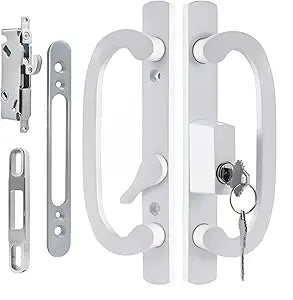 Offset Sliding Patio Door Handle Set with Mortise Lock & Keys | 45 Keyway | Fits 1-3/8" to 2" Doors | 3-15/16" Hole Spacing | Zinc Alloy | Non-Handed | White Diecast
