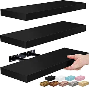 Sorbus Floating Shelves for Wall 16 Inch Floating Shelf for Kitchen, Bedroom, Living Room, Bathroom, Home & Wall Decor - Mounted Bathroom Shelves with Invisible Brackets (Black, 3 Pack)