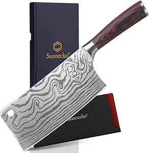 Sunnecko 7 Cleaver Knife, High Carbon Steel Chinese Meat Cleaver for Heavy Duty Cutting, Multipurpose Kitchen Knife for Ribs & Vegetables, Butcher Knife with Blade Guard, Premium Gift for Cooks