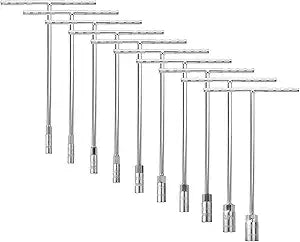 HARFINGTON 10pcs T-Handle Wrench Socket Set, 6-Point Steel Metric Socket Wrench (7/8/9/10/11/12/13/14/17/19) with Long Reach for Motorcycle Bicycle Car Repair, Silver