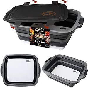 New XL Collapsible BBQ Prep Tub with LOCKING Lid, Cutting Board & Drain Hole | BPA-Free, Food-Grade, Space-Saving Marinating Container for Grilling, Kitchen & Outdoor Cooking (Black, 30 L)