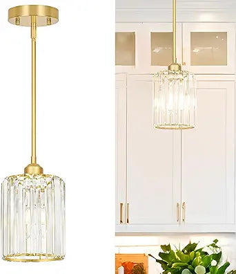 Lxybcce Brushed Gold Kitchen Pendant Lights Over Island with Adjustable Rods - Crystal Pendant Lighting Fixtures for Sloped Ceiling, Ideal Over Dining Table or Bar, E26 Bulb Compatible