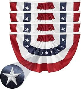 4 Pack American Pleated Fan Flag 2x4 Ft Patriotic Bunting Embroidered Stars & Sewn Stripes USA Flag for 4th of July Outdoor Porch Fence Garden with Canvas Header & Brass Grommets