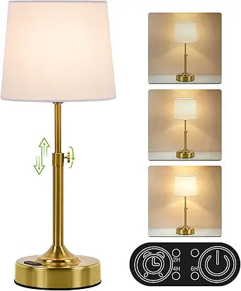 Height Adjustable Rechargeable Table Lamp with Timer, Dimmable Cordless LED Desk Lamp, 4000mAh Battery Operated Table Lamps, Gold Wireless Touch Nightstand Lamp for Kitchen Counter Coffee Table Office