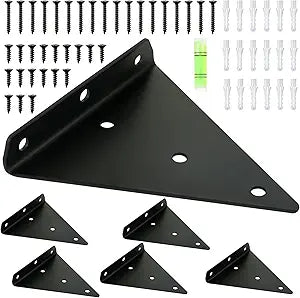 6 Pack Triangle Floating Shelf Brackets 9 x 6.7 inch Black Hidden Floating Shelves Brackets Metal Wall Mount Heavy Duty 0.16" Thick Decorative Shelving Supports with Screws