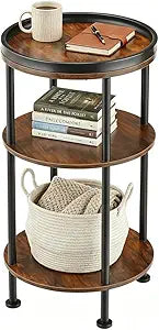 Small Round Side Table with Tray Top (Patented Design), 11.8" Narrow End Table for Small Spaces, 3-Tier Industrial Nightstand, Original Rustic Accent Furniture for Living Room Bedroom, Rustic Brown