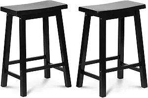 PJ Wood Classic Modern Solid Wood Backless Saddle Seat, 24 Inches Tall Easy Assemble Counter Stool with Durable Construction, Black (2 Pack)