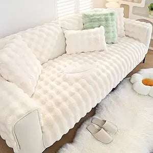 Soft Warm Faux Fur Couch Sofa Cover Thick Shaggy Fuzzy Sectional Couch Cover Non-Slip Solid Color Plush Sofa Slipcover Furniture Protector for Kids, Pets (Cream,28"x70")