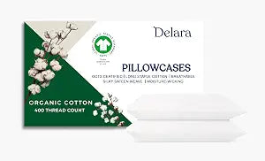 Delara GOTS Certified 100% Organic Cotton Pillowcase Pack of 2, 400 Thread Count, Long Staple Cotton, Ultra Soft, Silky, Moisture-Wicking, Smooth & Breathable, Pillowcase for Hot Sleepers