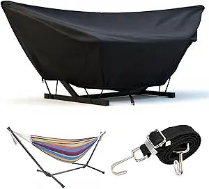 Outdoor Hammock Cover with Zip and Elastic Ropes, Heavy Duty 420d Hammock Covers with Adjustable Buckle, for Outdoor Universal Hammocks, Waterproof, Windproof (9-10FT,Black)