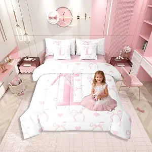 Dreamy Princess Bowknot Comforter Set With Sheets Twin Size, Girly Pink Bow Bed In A Bag For Cute Room Decor, Coquette Alphabet L Butterfly Knot 7 Pcs Bedding Set, Love Heart Bedding Comforter Sets